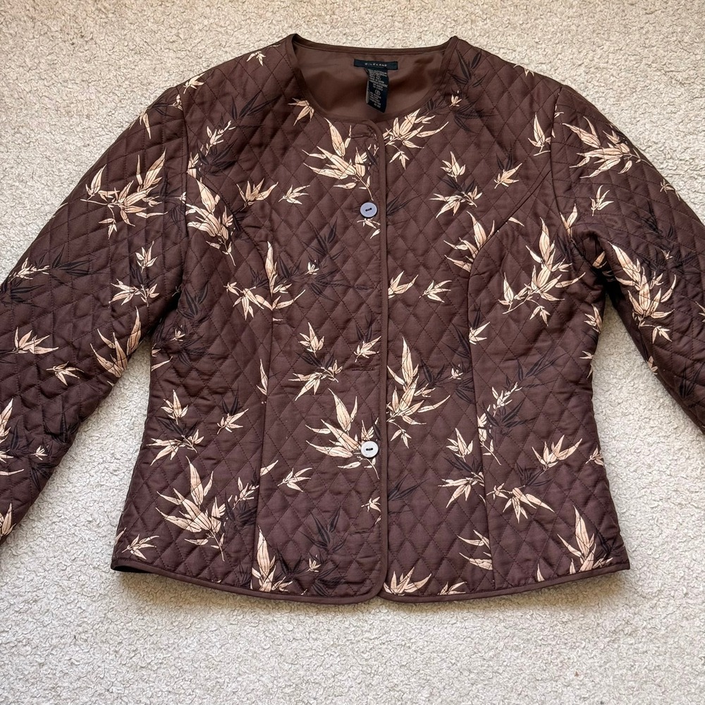 Silkland Brown Quilted Silk Bamboo Print Jacket Collarless Button Front Size 10
